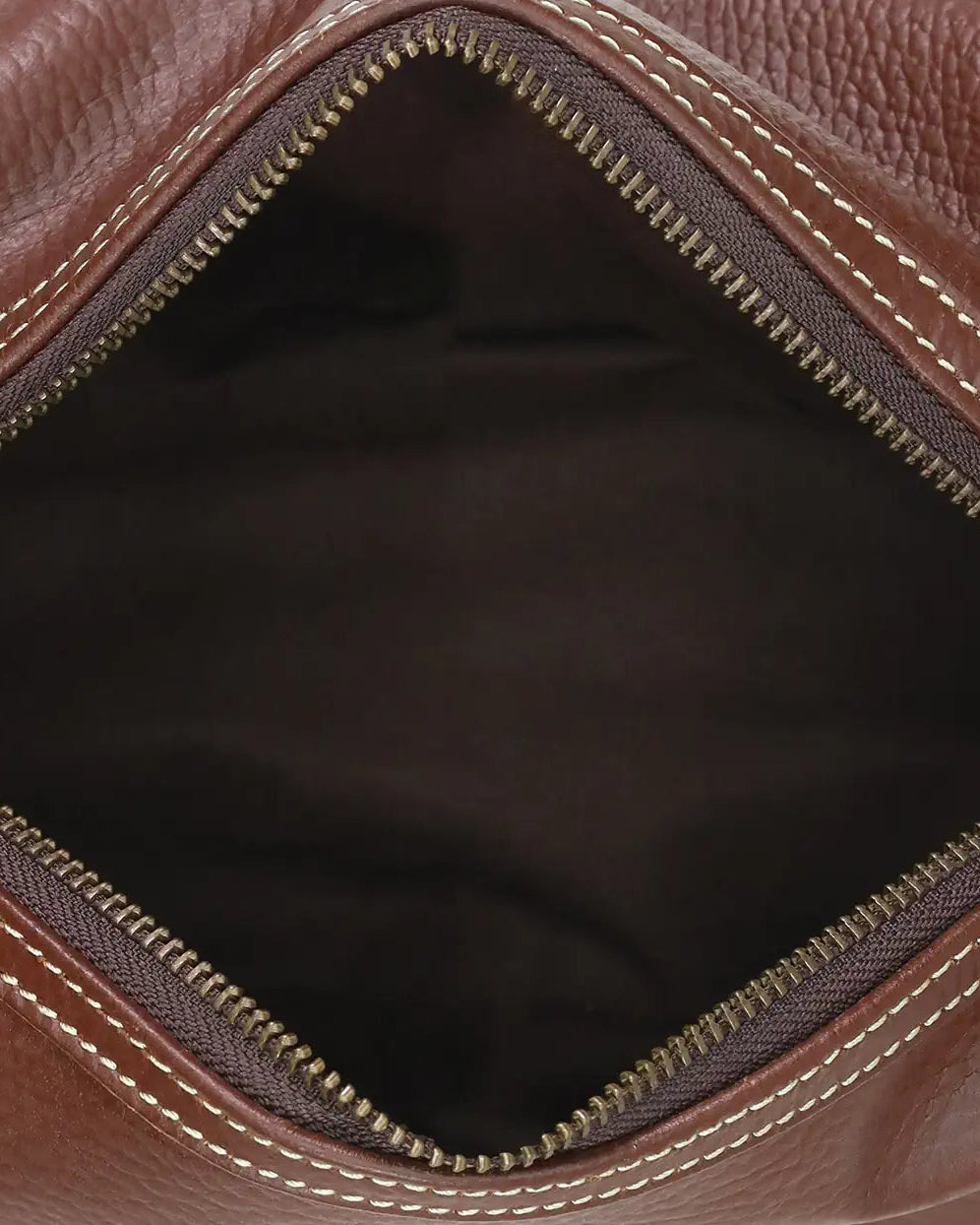 Close-up of a brown leather bag with visible stitching