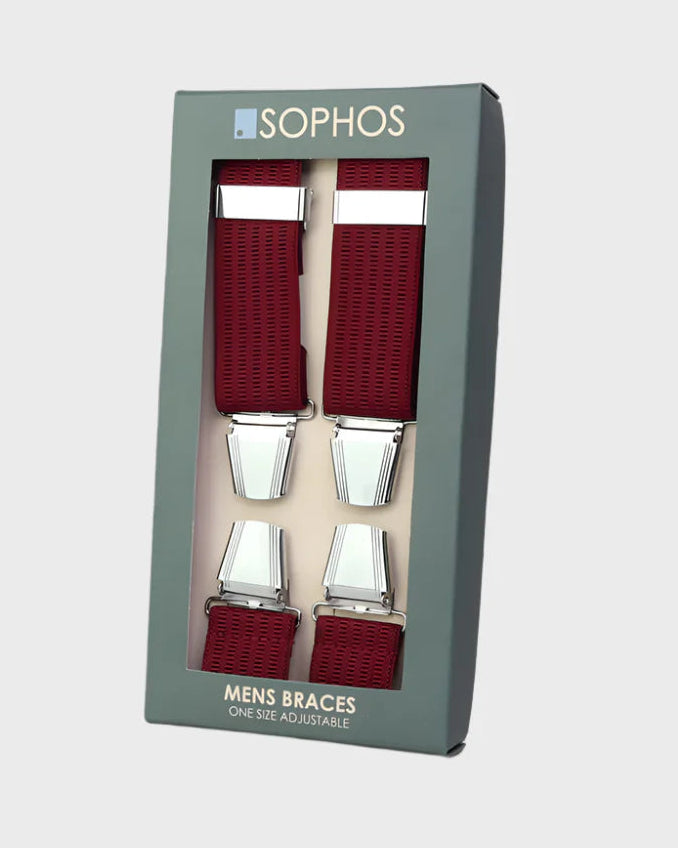Box of men's braces with visible brand name on a light gray background