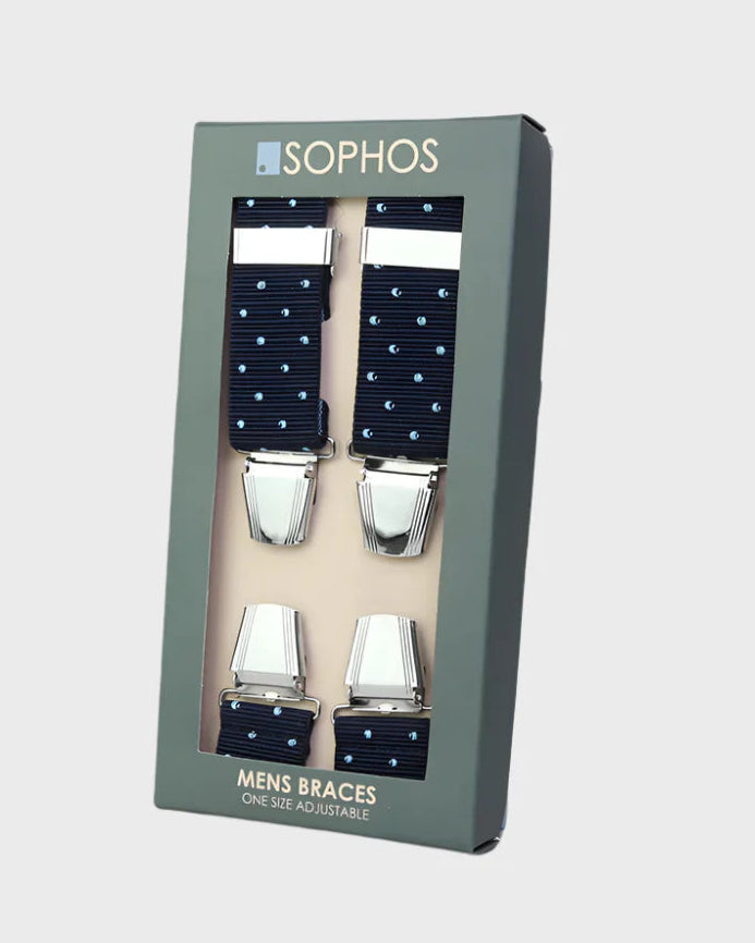 Packaged men's braces with Sophos branding on a light gray background