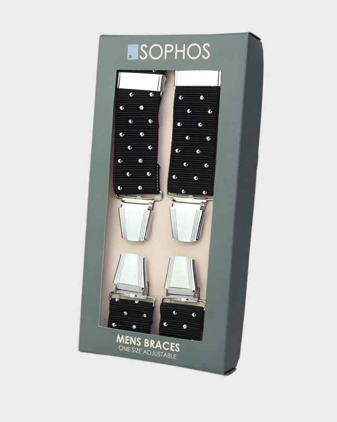 Packaged men's braces with Sophos branding on a light gray background