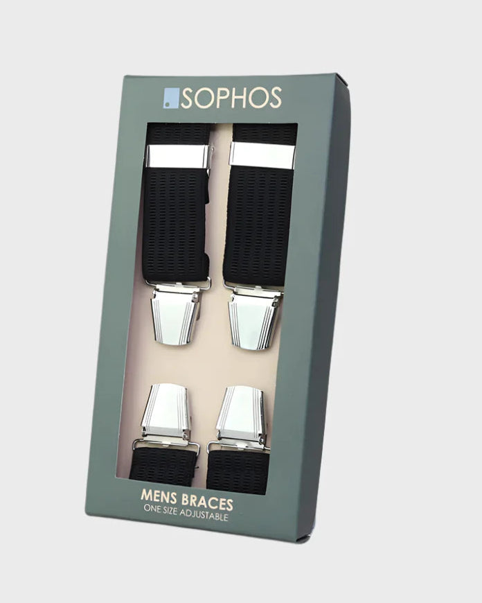 Box of men's braces with 'Sophos' branding on a light gray background
