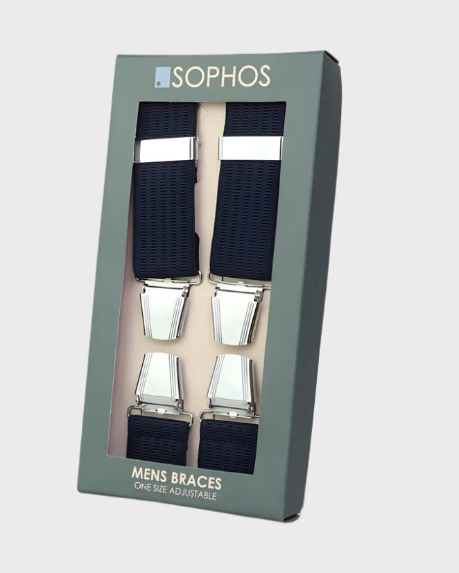 Packaged men's braces with visible brand name on a light gray background