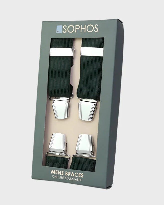 Box of men's braces with Sophos branding on a light gray background