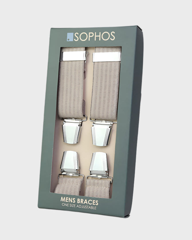 Packaged men's braces with 'Sophos' branding on a light gray background