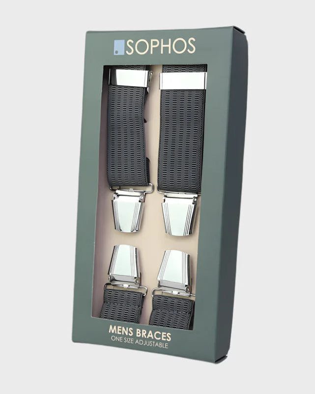 Box of men's braces with 'Sophos' branding on a light gray background