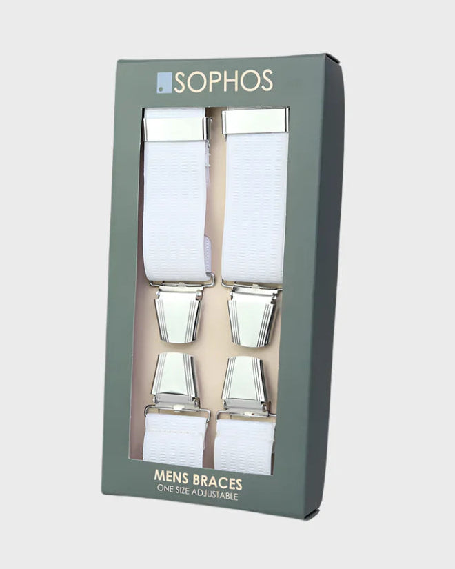 Packaged men's braces with 'Sophos' branding on a light gray background