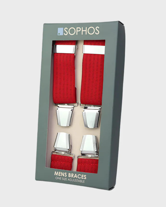 Box of red men's braces with 'Sophos' branding on a light gray background