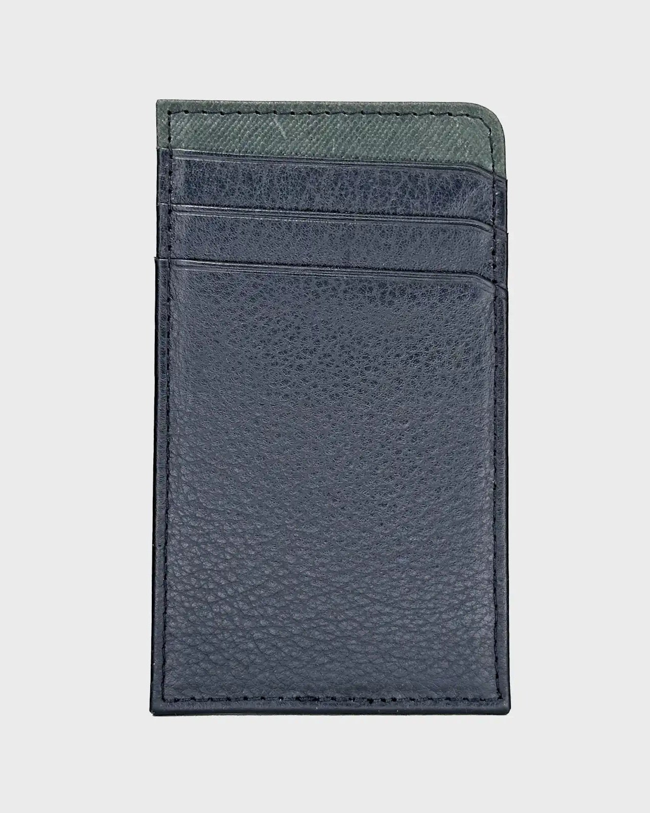 Navy and green cardholder on a light gray background