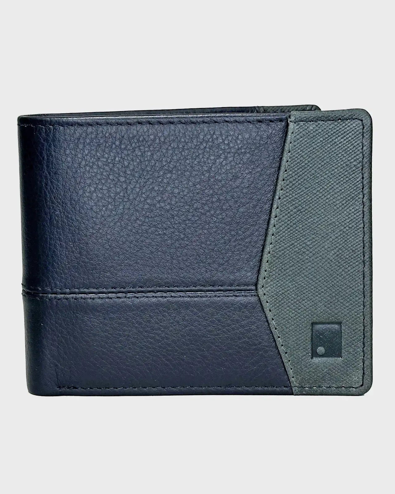 Navy and green wallet on a light gray background