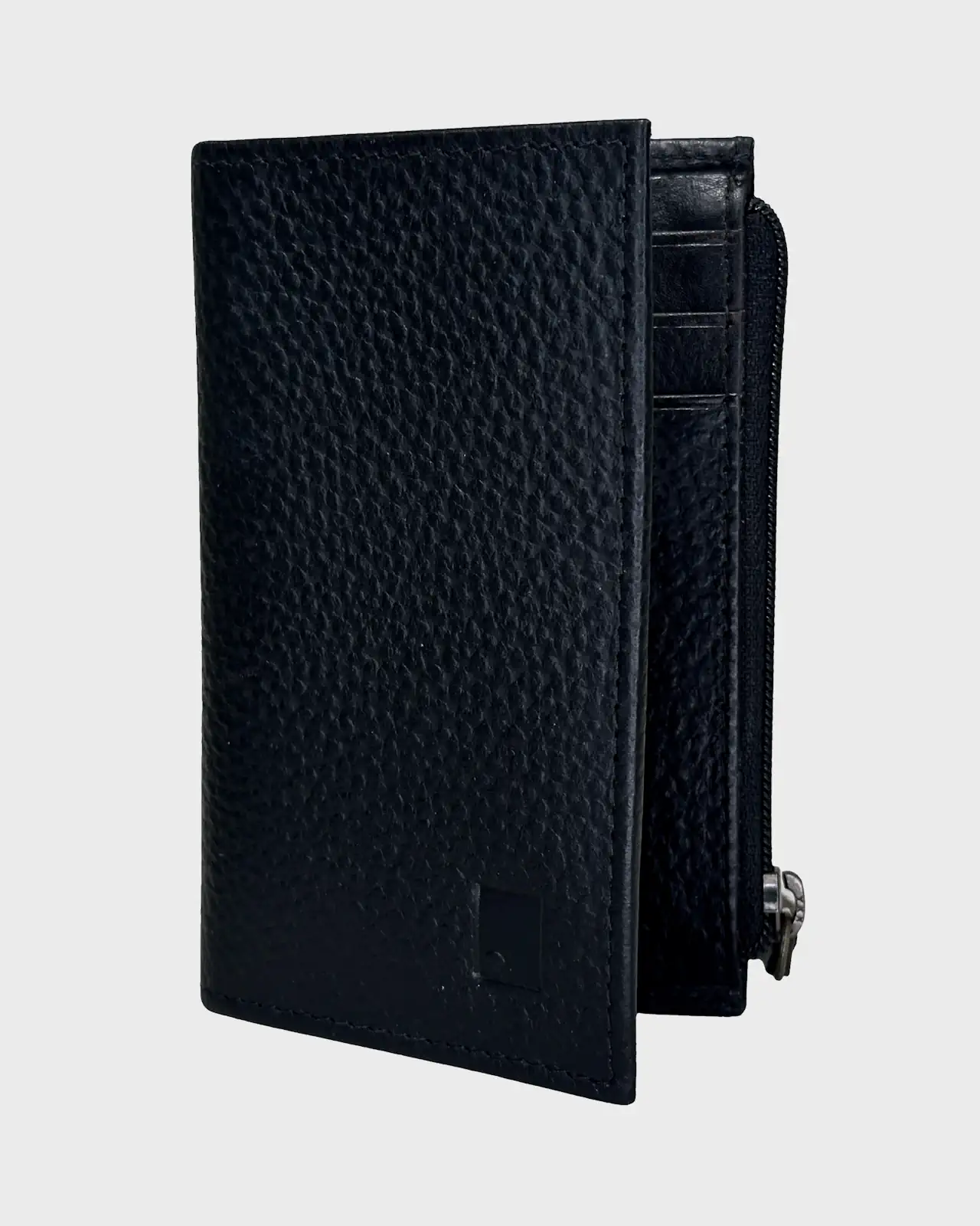Black leather wallet on a light gray background