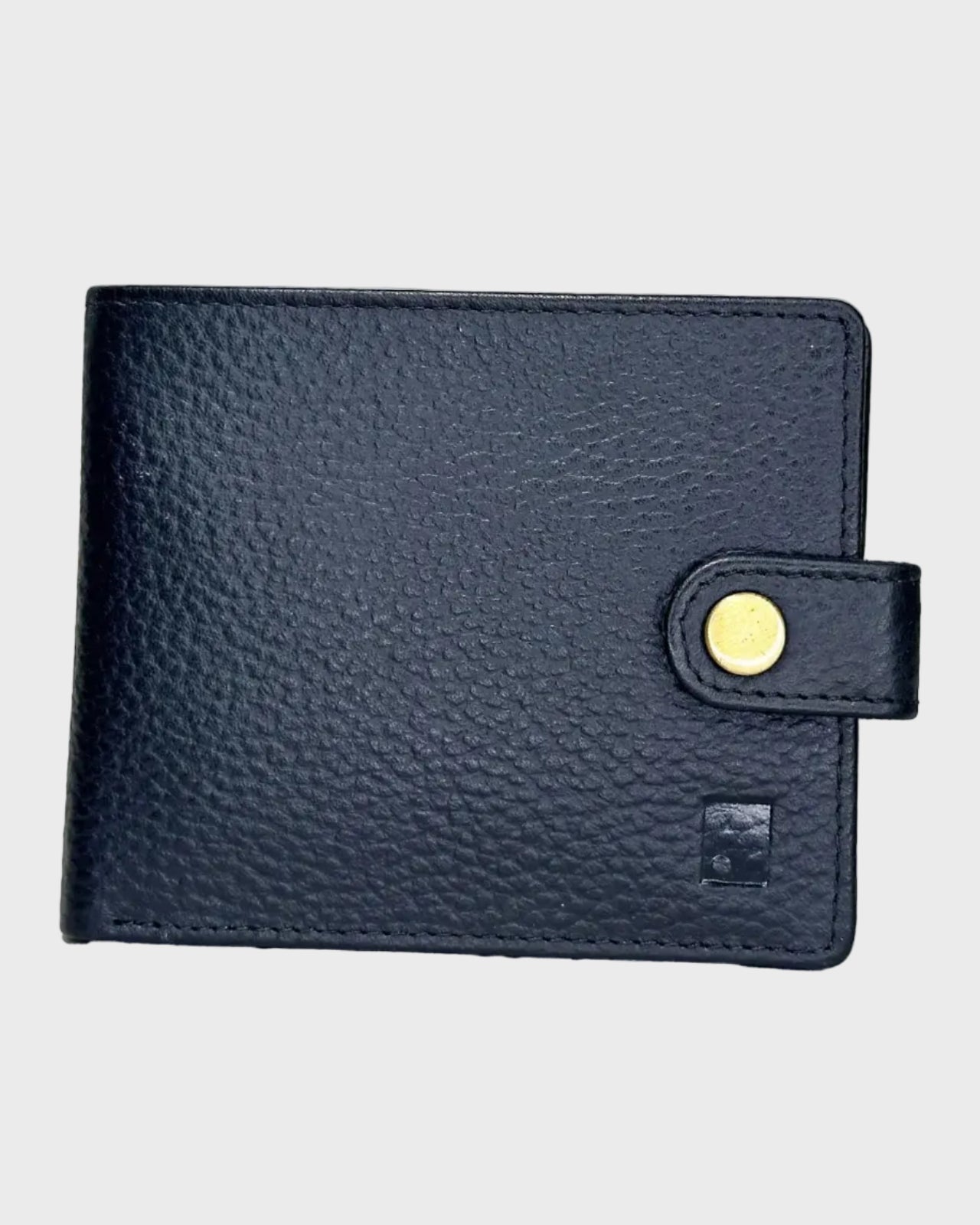 Black leather wallet with a gold button on a light gray background