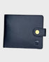 Black leather wallet with a gold button on a light gray background