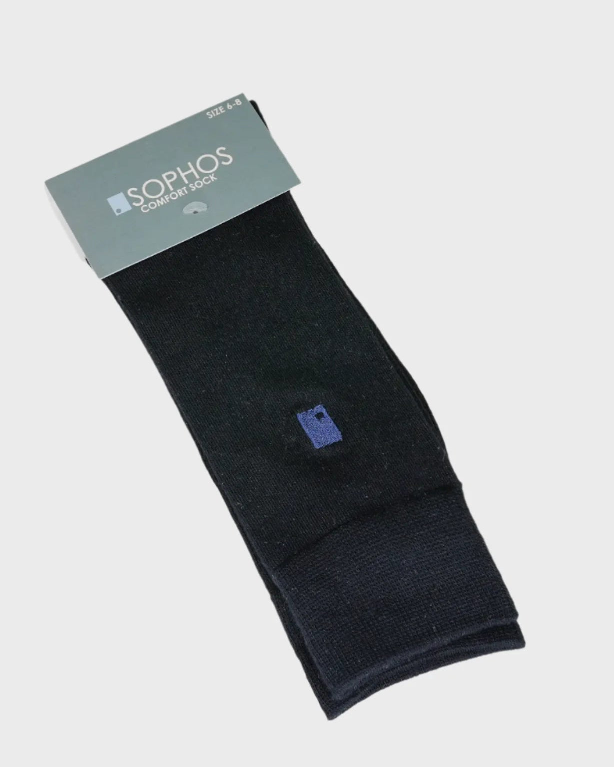 Black sock with a blue sophos logo on a light gray background