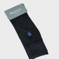 Black sock with a blue logo on a light gray background