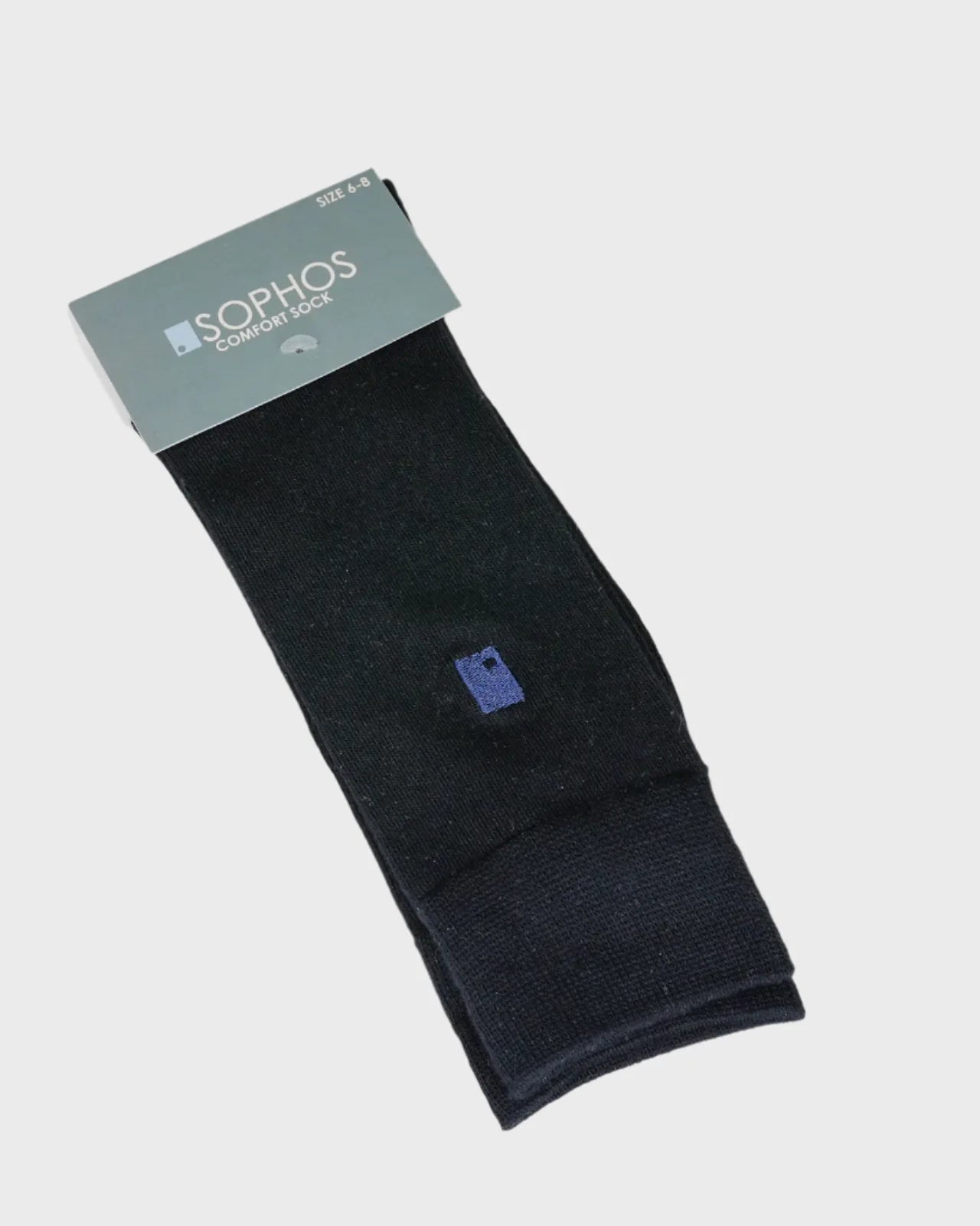 Black sock with a blue logo on a light gray background
