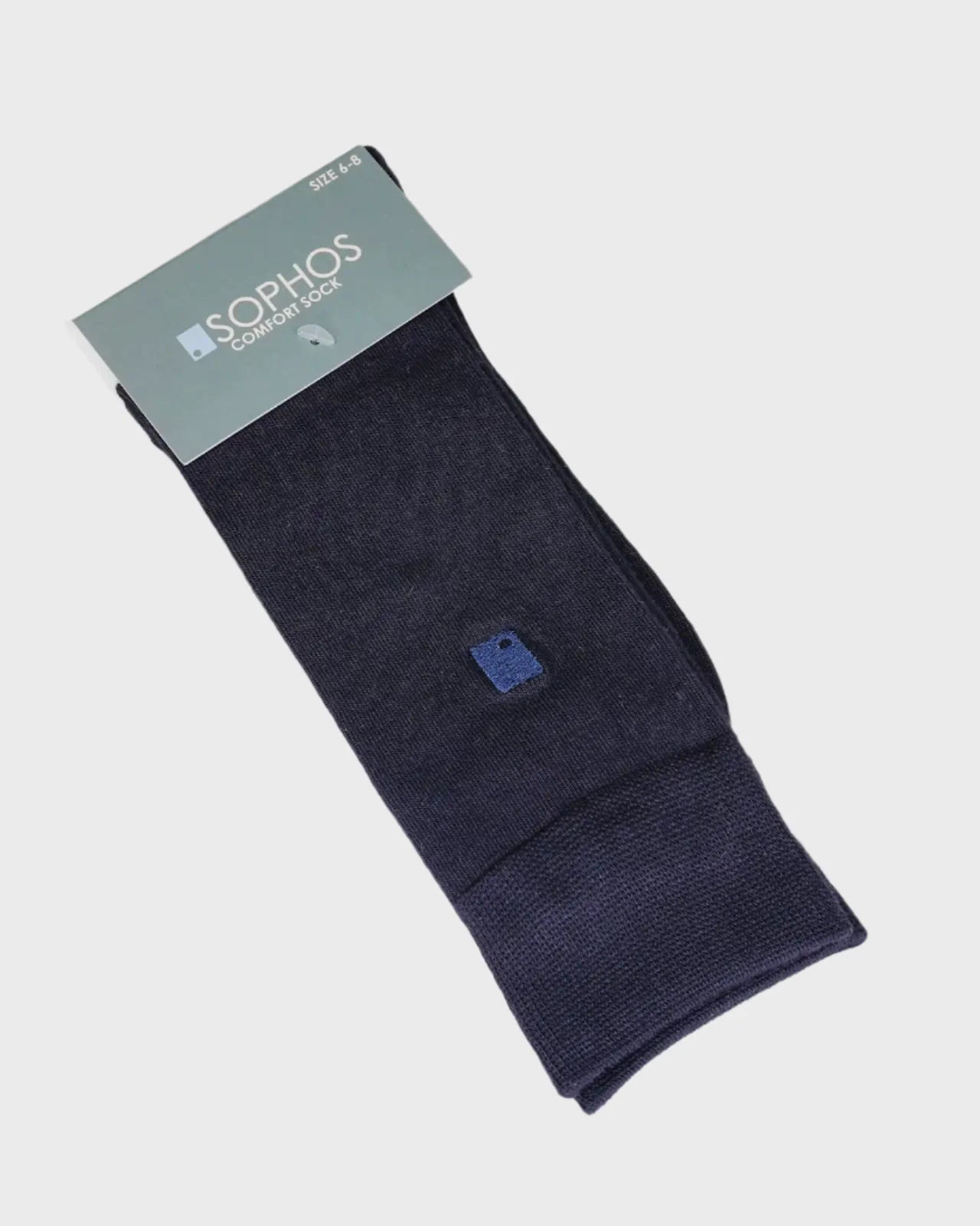 Dark blue sock with a small logo on a light gray background