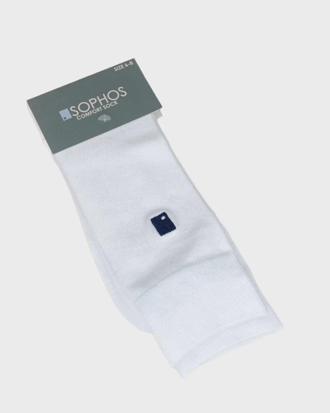 White sock with a small logo on a light gray background, featuring the brand 'Sophos'.