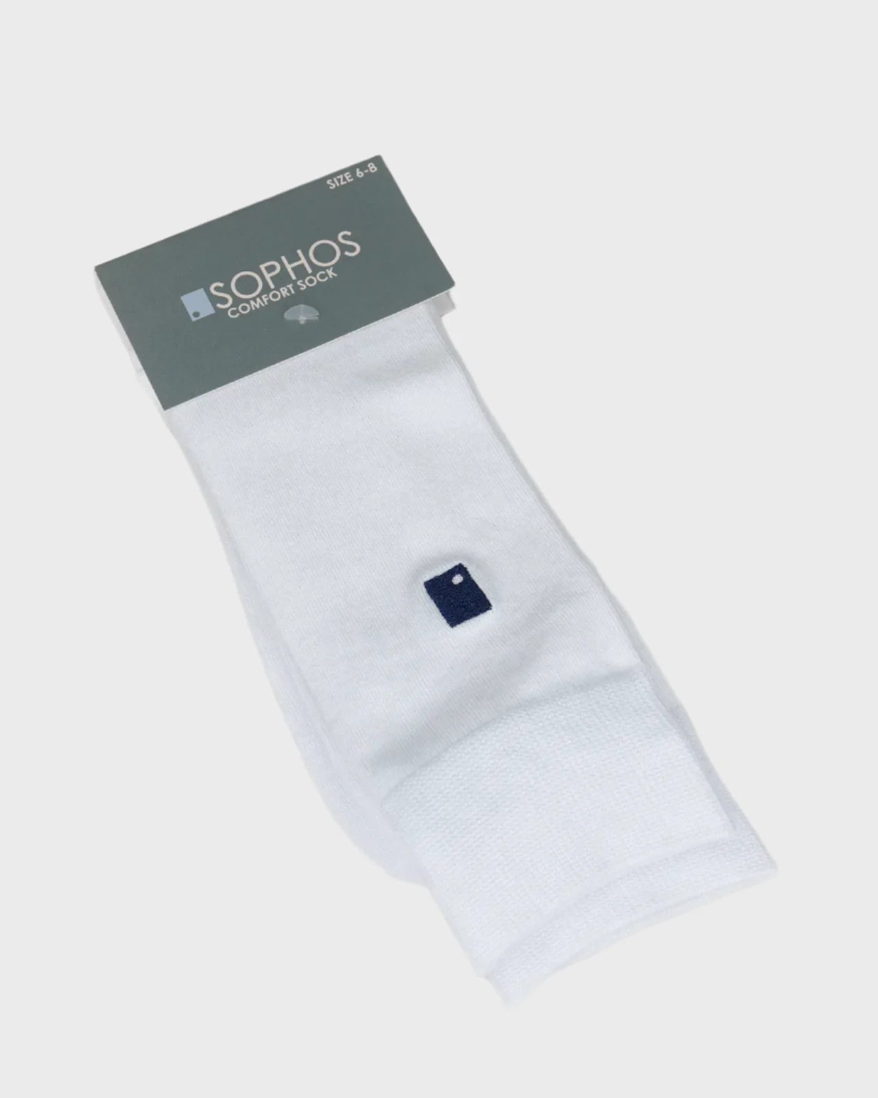White sock with a small logo on a light gray background, featuring the brand 'Sophos'.
