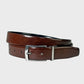 Brown leather belt with silver buckle on a light gray background