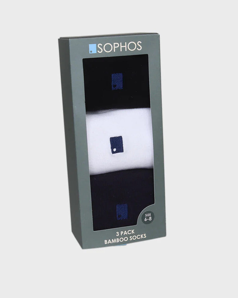 Pack of bamboo socks with Sophos branding on a light gray background