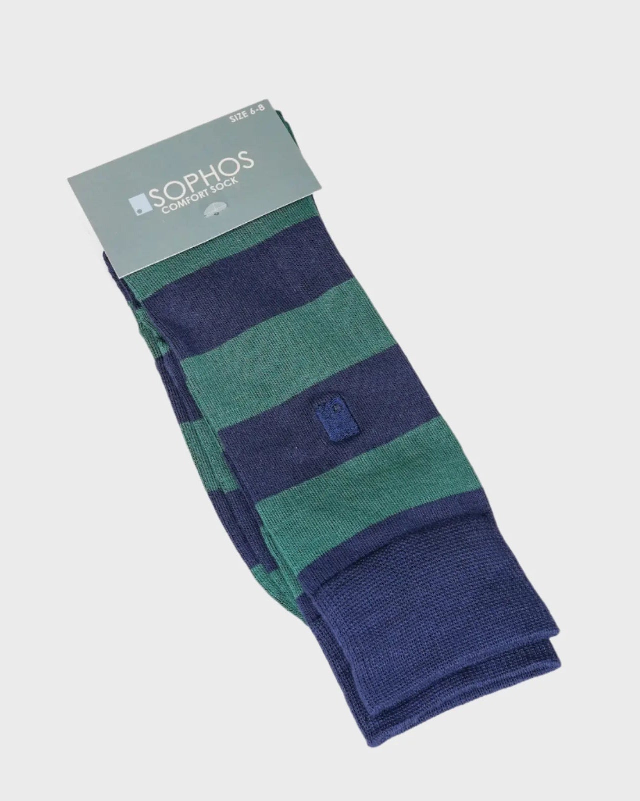 Packaged green and navy striped socks with 'Sophos' branding on a light gray background