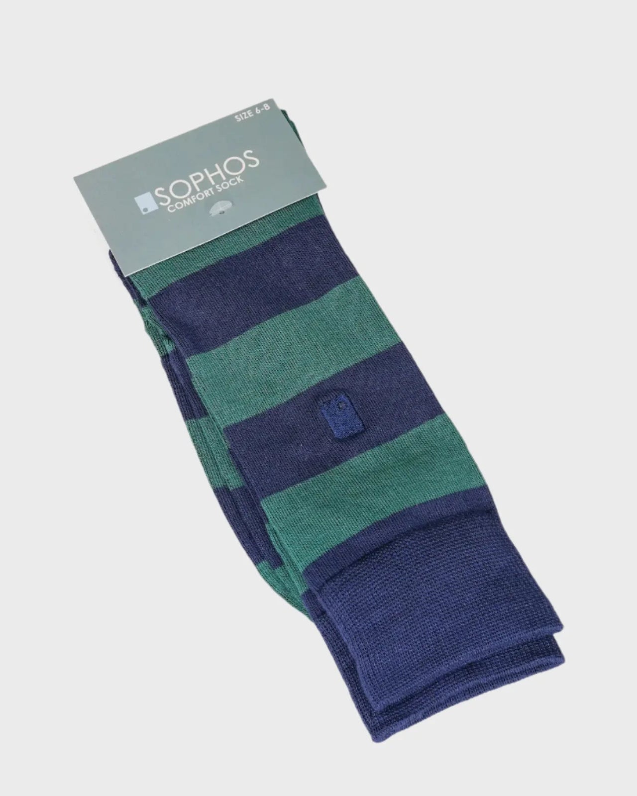 Packaged green and navy striped socks with 'Sophos' branding on a light gray background
