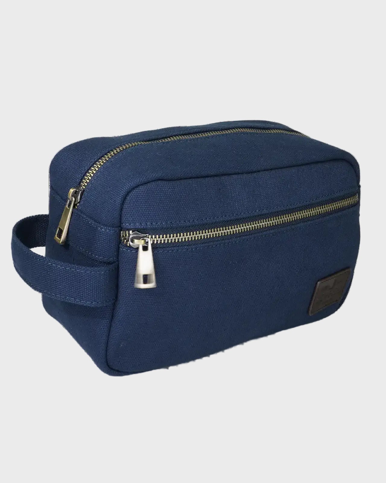 Navy toiletry bag on a white background