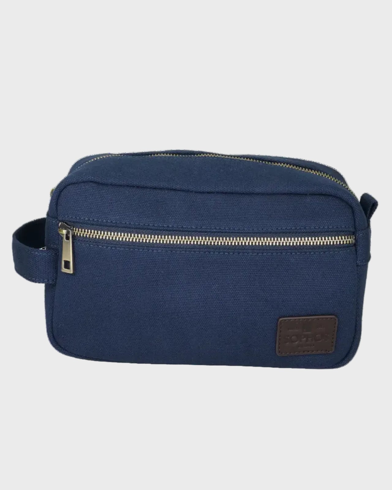 Navy toiletry bag on a white background