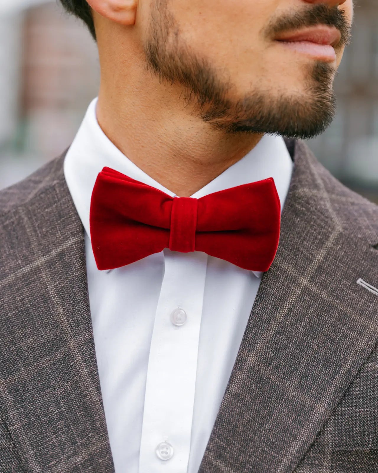 Man wearing a red bow tie with a brown suit and white shirt.