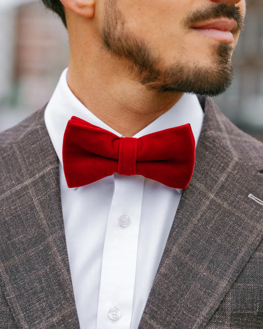 Man wearing a red bow tie with a brown suit and white shirt.